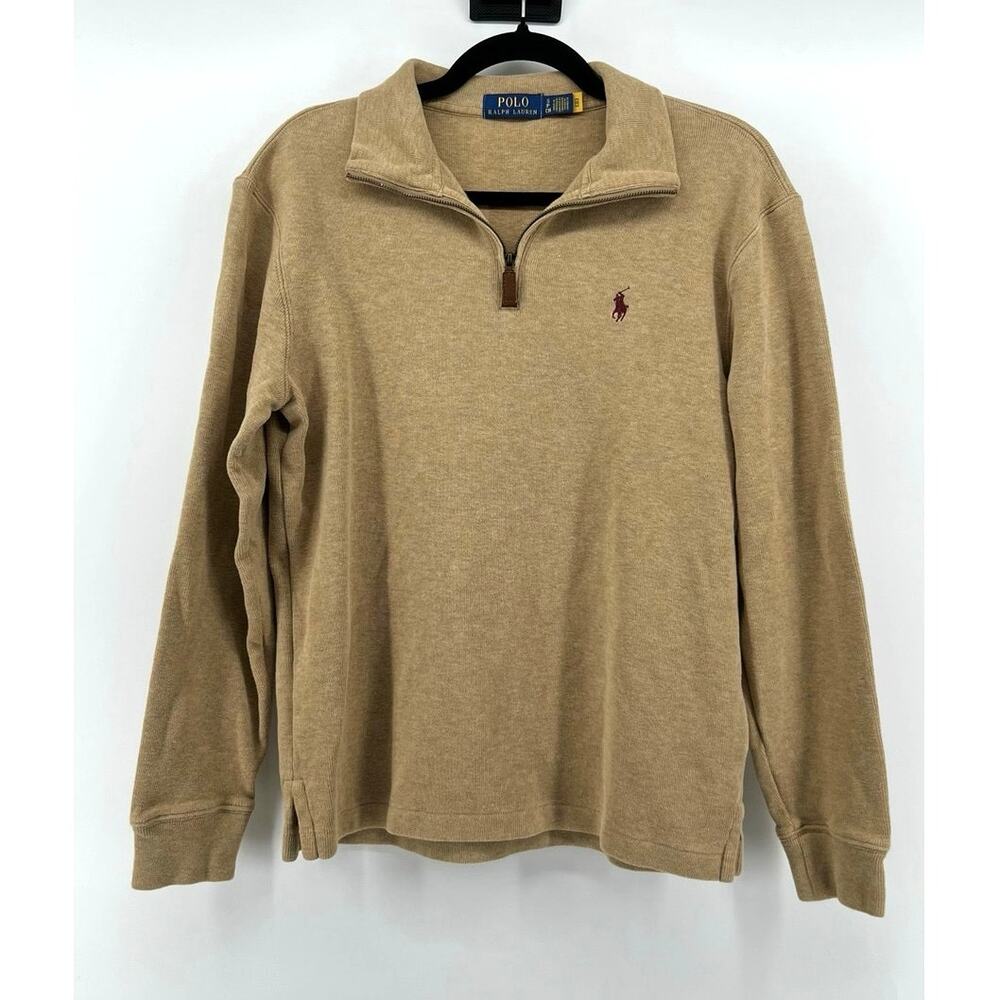 Polo Ralph Lauren 1/4 Zip Long Sleeve Knit Sweater Size S Tan Burgundy